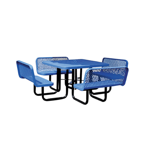 Blue 46 inch square thermoplastic expanded steel picnic table with backed benches and black portable frame