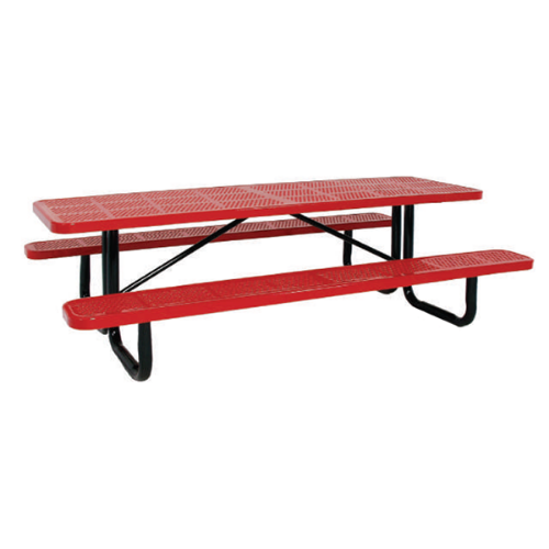 Red 10 ft rectangular perforated thermoplastic steel picnic table with black portable galvanized frame