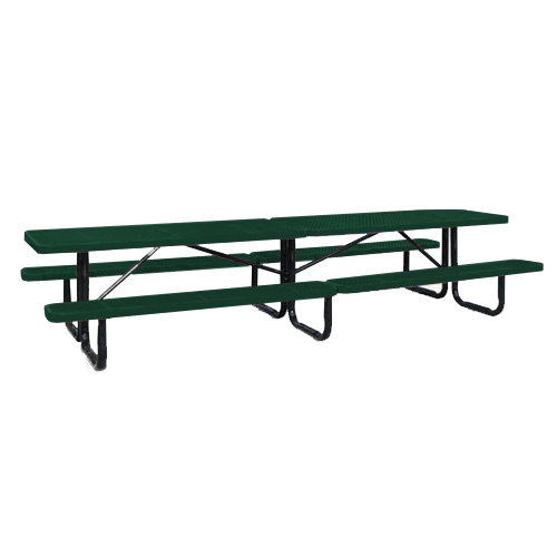 Green 12 ft rectangular perforated thermoplastic steel picnic table with black portable galvanized frame