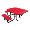 Red 46 inch ADA octagonal perforated thermoplastic steel picnic table with wheelchair access and inground frame
