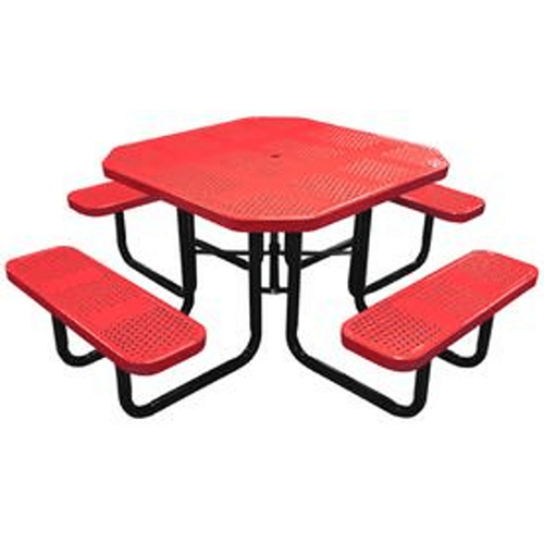 Red 46 inch octagonal perforated thermoplastic picnic table with black portable galvanized frame