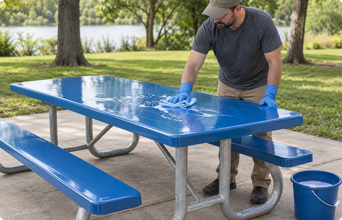 Maintenance worker cleaning a red fiberglass picnic table with a soft cloth and soapy water.