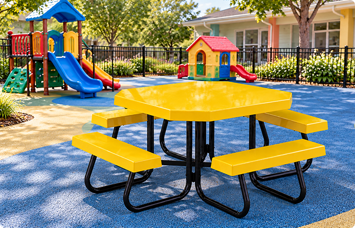 Yellow fiberglass picnic table with four attached benches and a black metal frame inside a fenced daycare playground.
