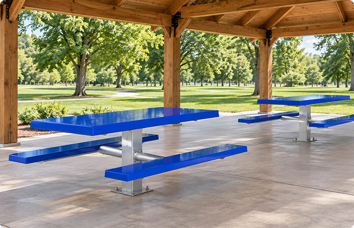 Commercial fiberglass picnic table in an outdoor seating area.